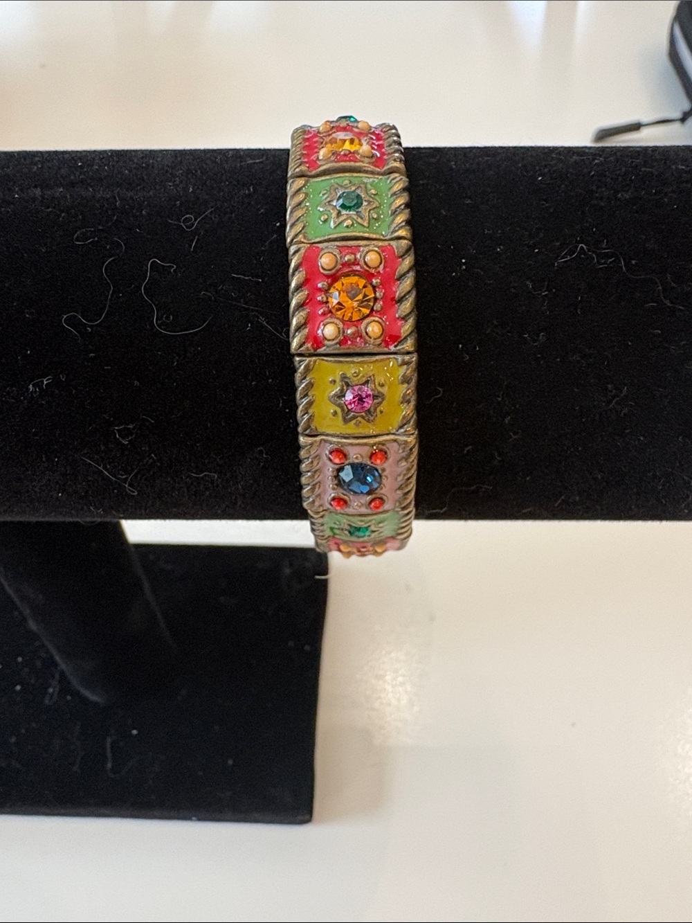 Vintage Colorful Multi-Stone Enamel Stretch Bracelet - Green, Red, Yellow, Pink